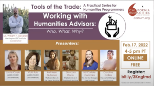 Tools of the Trade promo image showing seven speaker headshots and text Working with Humanities advisors
