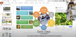 Screenshot from virtual program showing slide reading "Early Days" and color bubbles with text