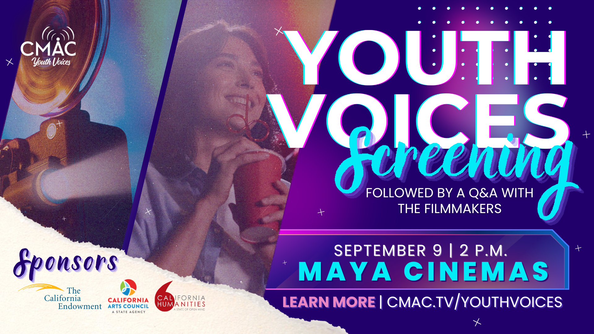 Youth Voices screening promo image showing a woman watching a film drinking from a cup with a straw, sponsor logos, and location info.