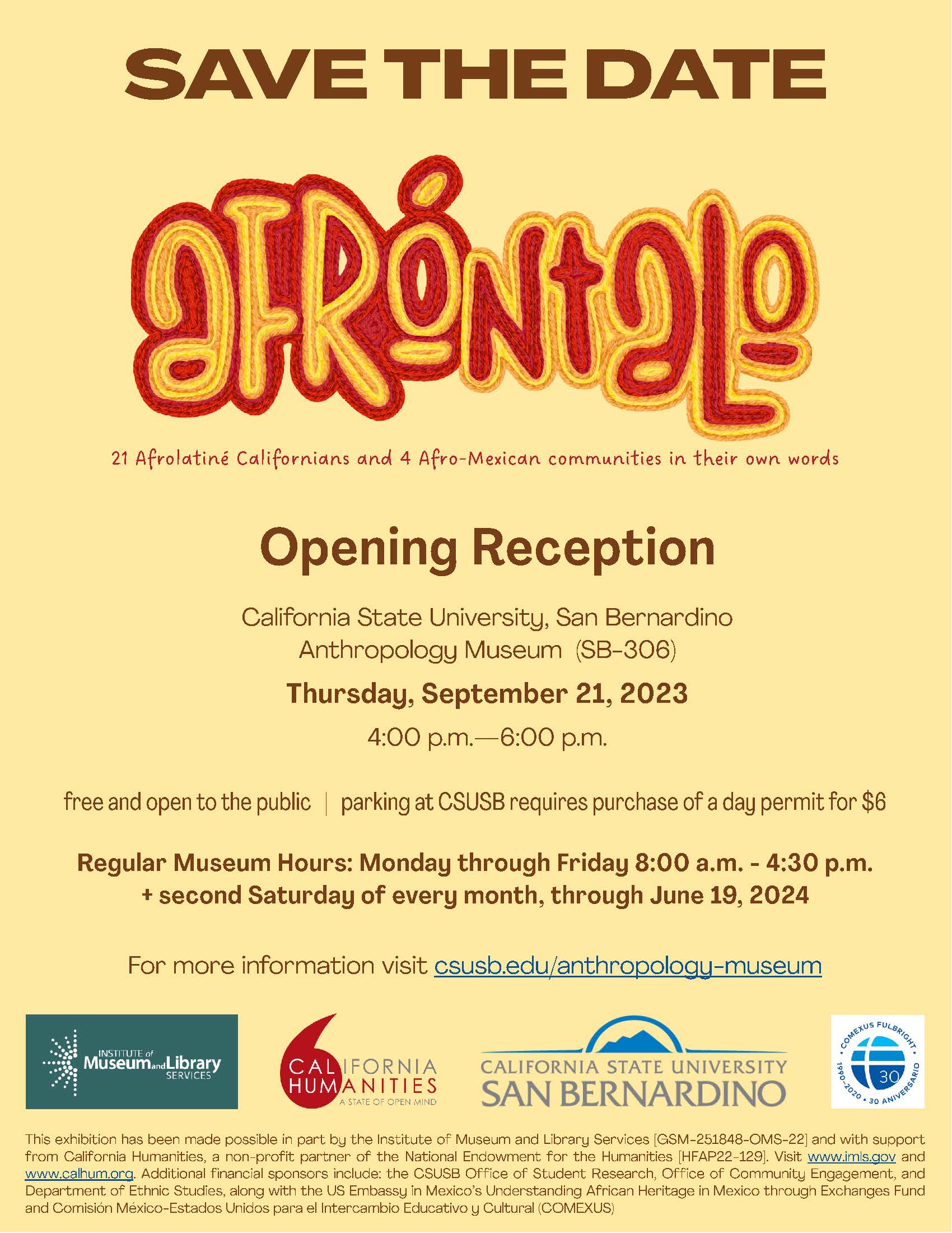 Poster promoting opening reception of Afróntalo exhibition, with sponsor logos including California Humanities
