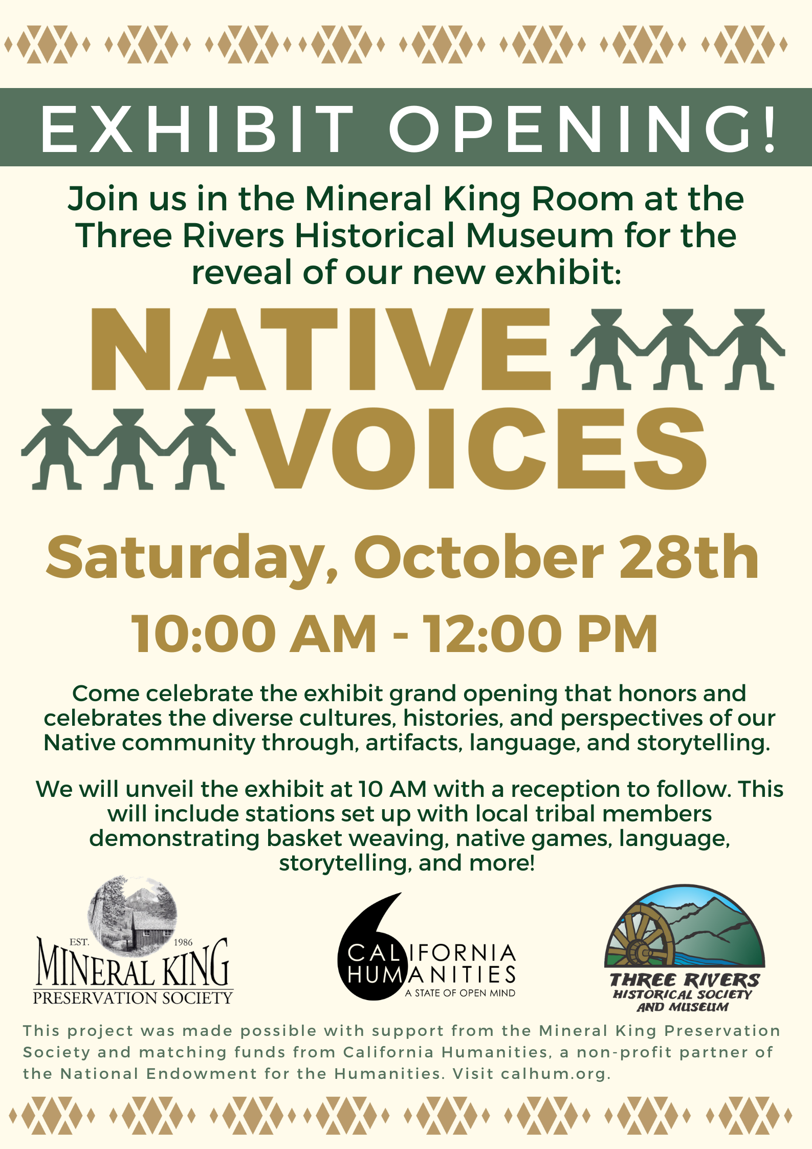 Flyer for Native Voices exhibit with opening information and sponsor logos