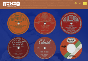 A row of six circular record labels on a blue blackground.