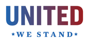 United We Stand logo text in blue, purple and dark red