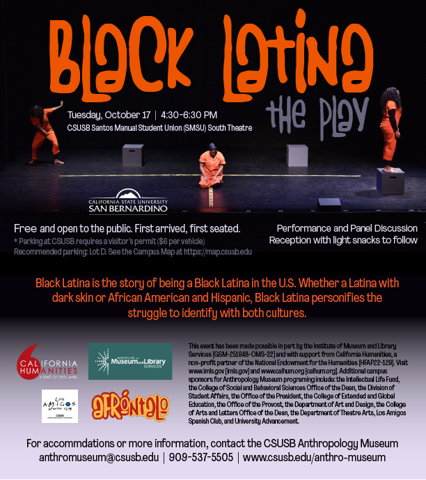 Promo poster with orange text Black Latina the play, against a black background with performance details.