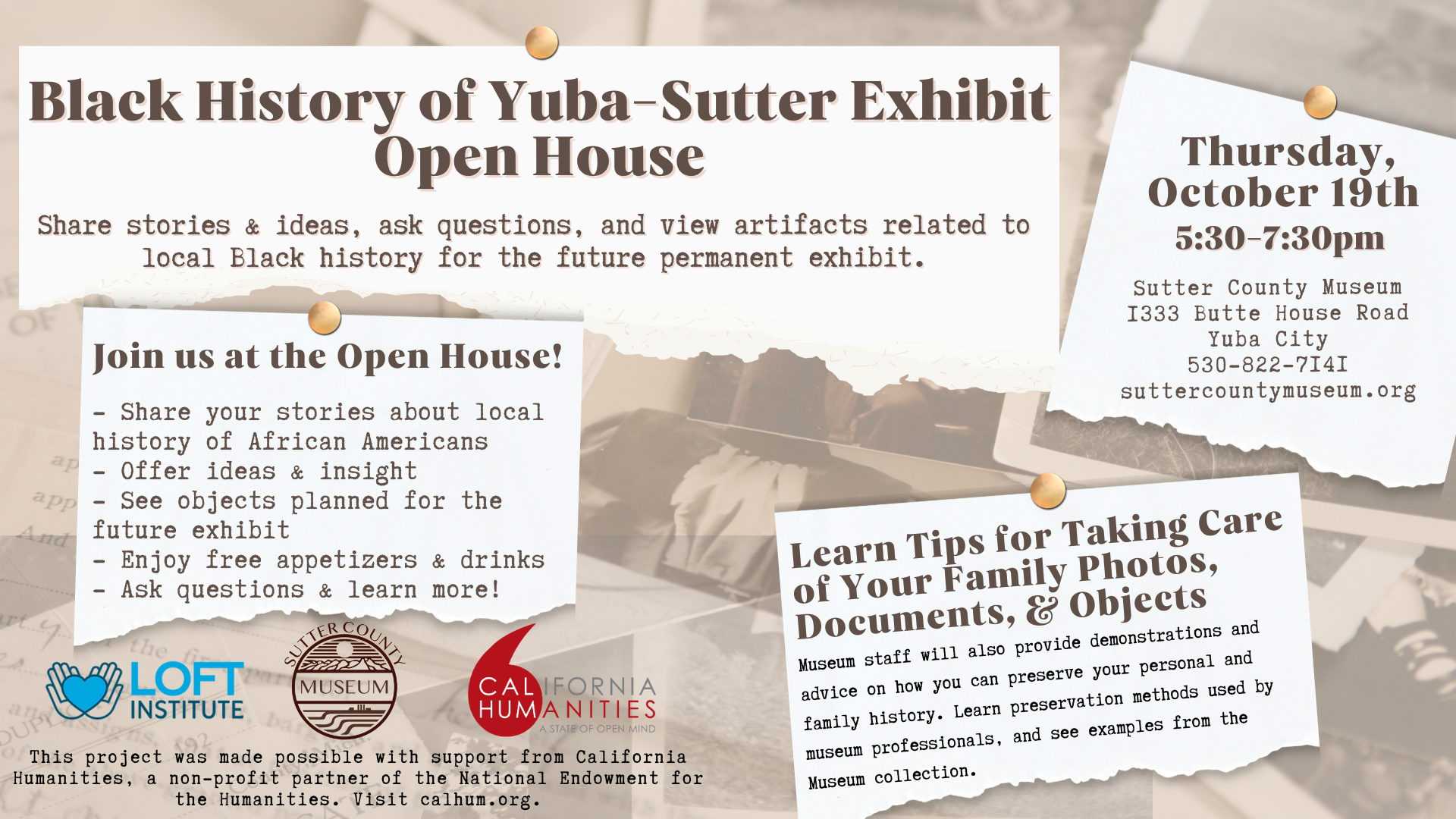 Promo graphic for Black History of Yuba- Sutter exhibit open house.