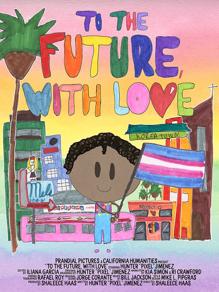 To the future with love poster, showing animated character holding a Trans flag