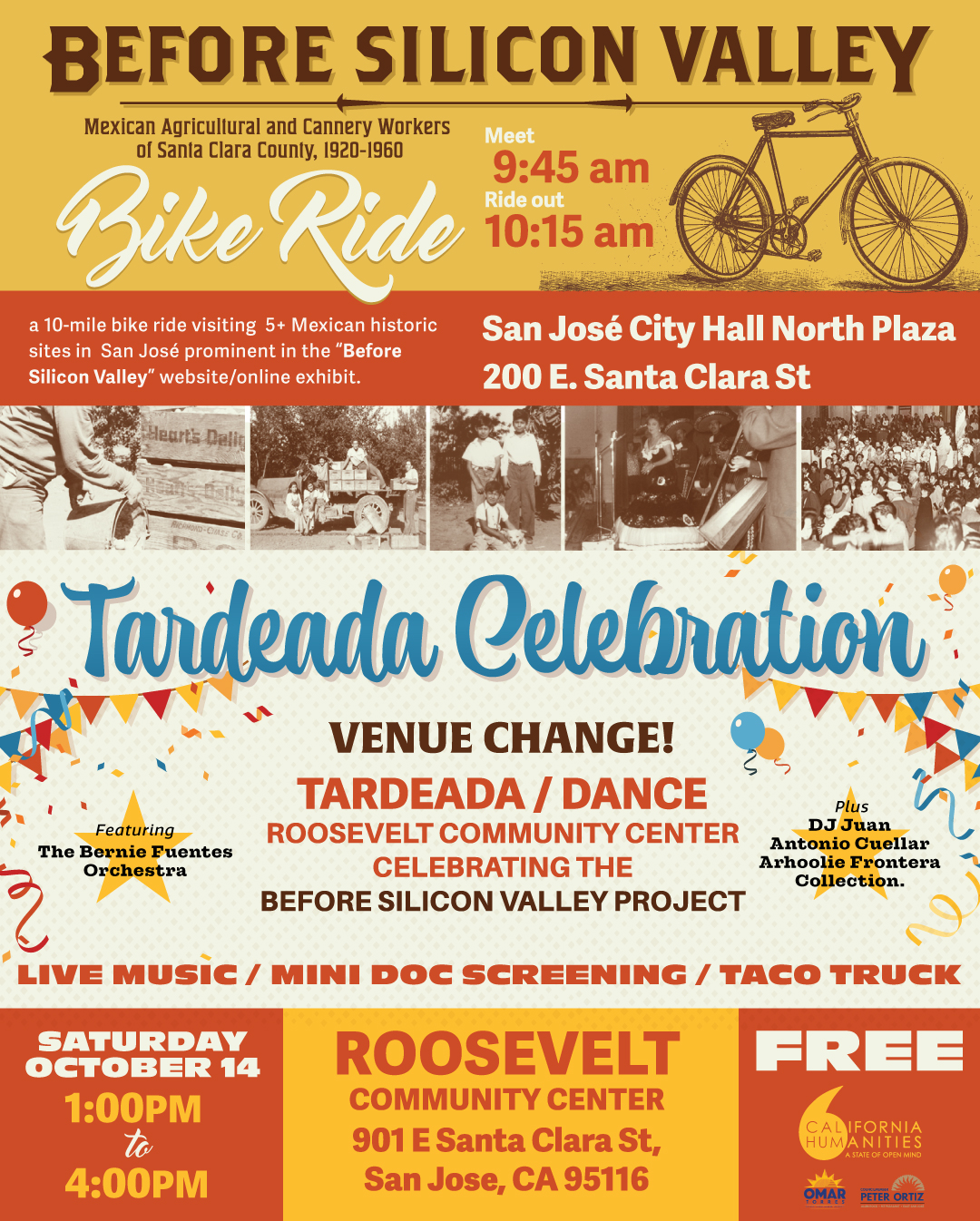 Flyer for two public events, with a graphic of a bicycle and a series of historic photos.