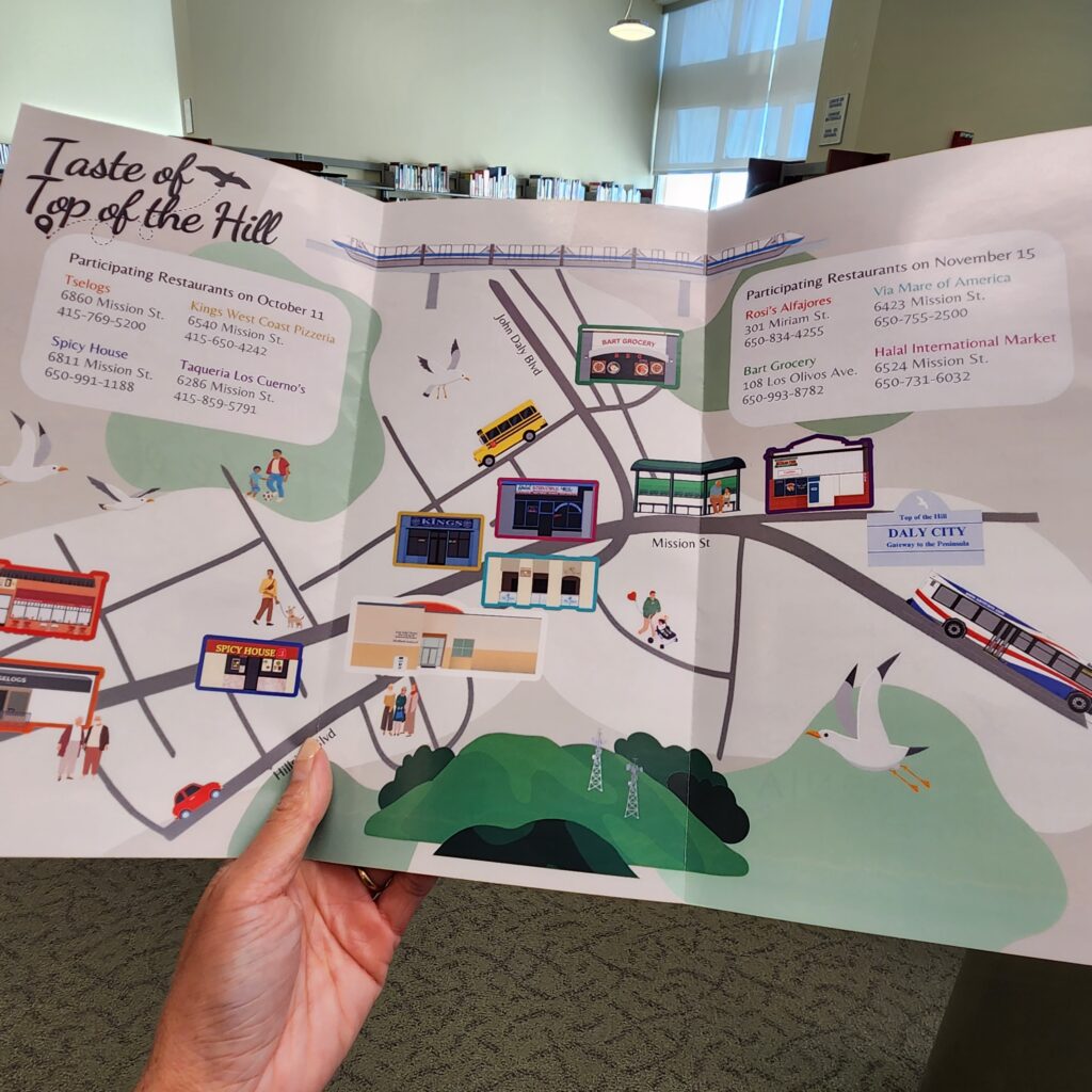 Taste of the Top of the Hill map depicting graphically designed representations of local business storefronts laid out on a map