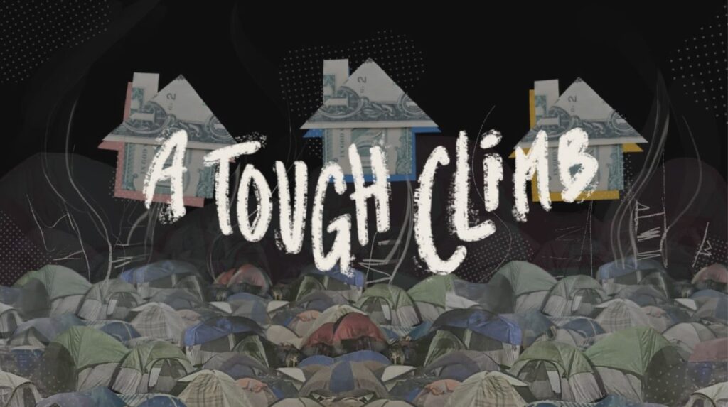 A Tough Climb graphic with title text and black background with ghostly images of houses