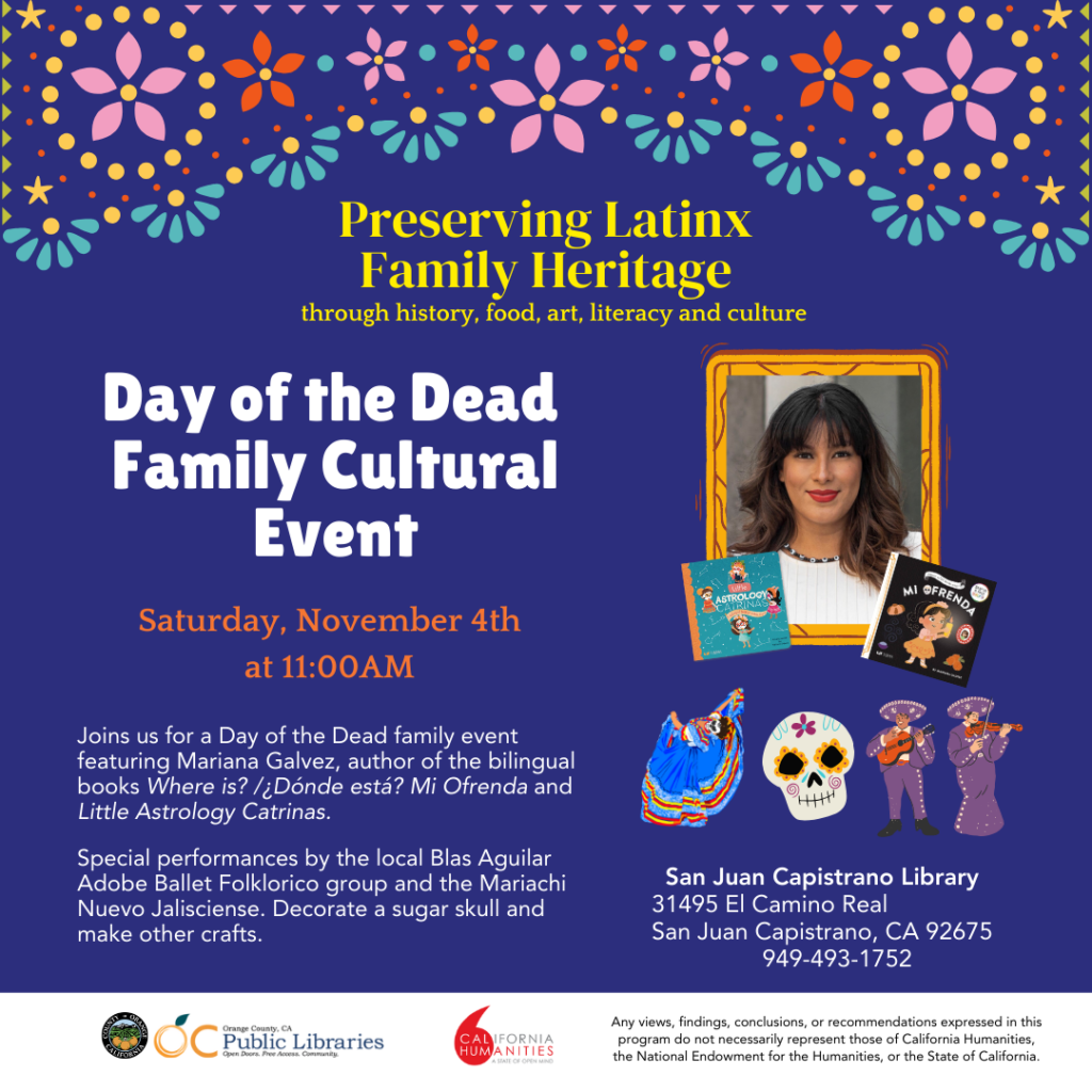 Promo graphic for Day of the Dead family event at San Juan Capistrano library