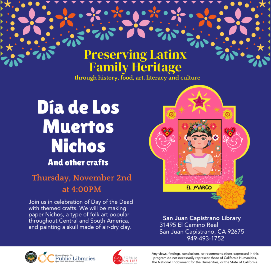 Promo graphic for Dia de Los Muertos event at Sa nJuan Capistrano Library.