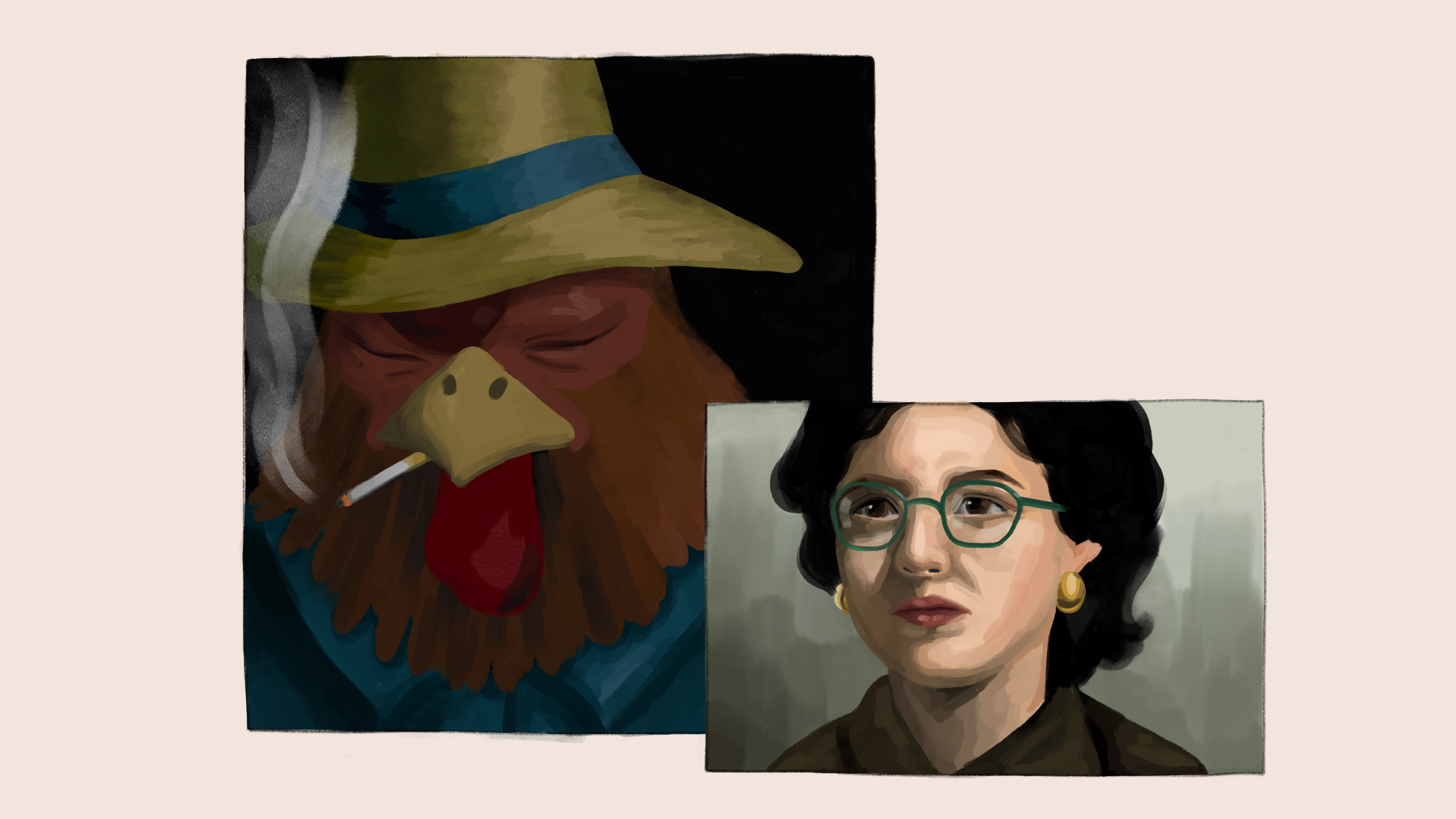 Painting with two square images, one with a close-up of a rooster wearing a tan hat, ad one with a woman with short dark hair and glasses.