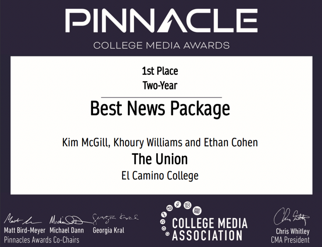 Awards image, for Best News Section for the El Camino Collage EJF team