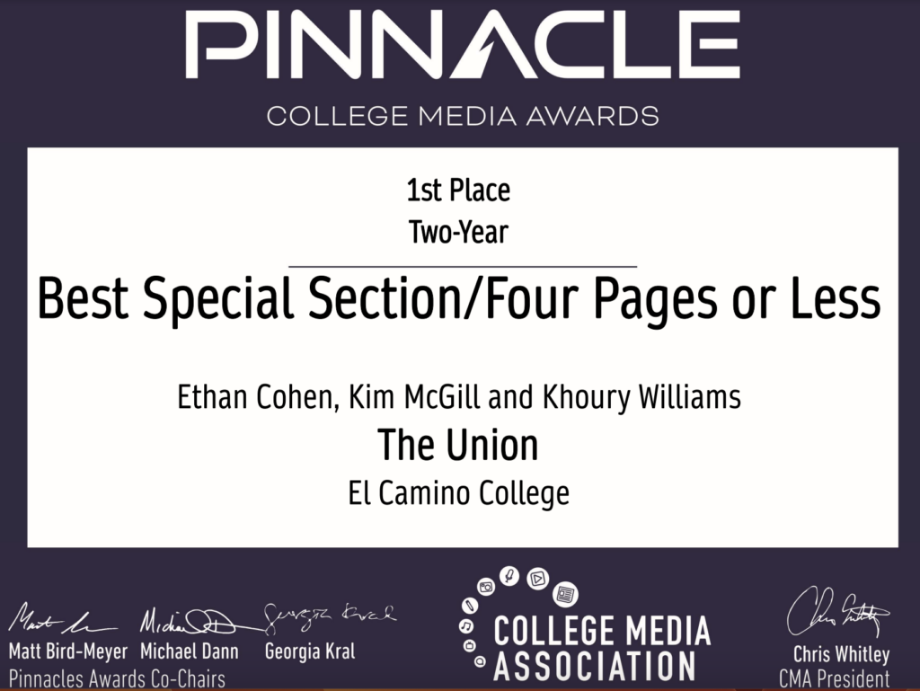 Awards image, for Best Special Section/Four Pages of Less for the El Camino Collage EJF team