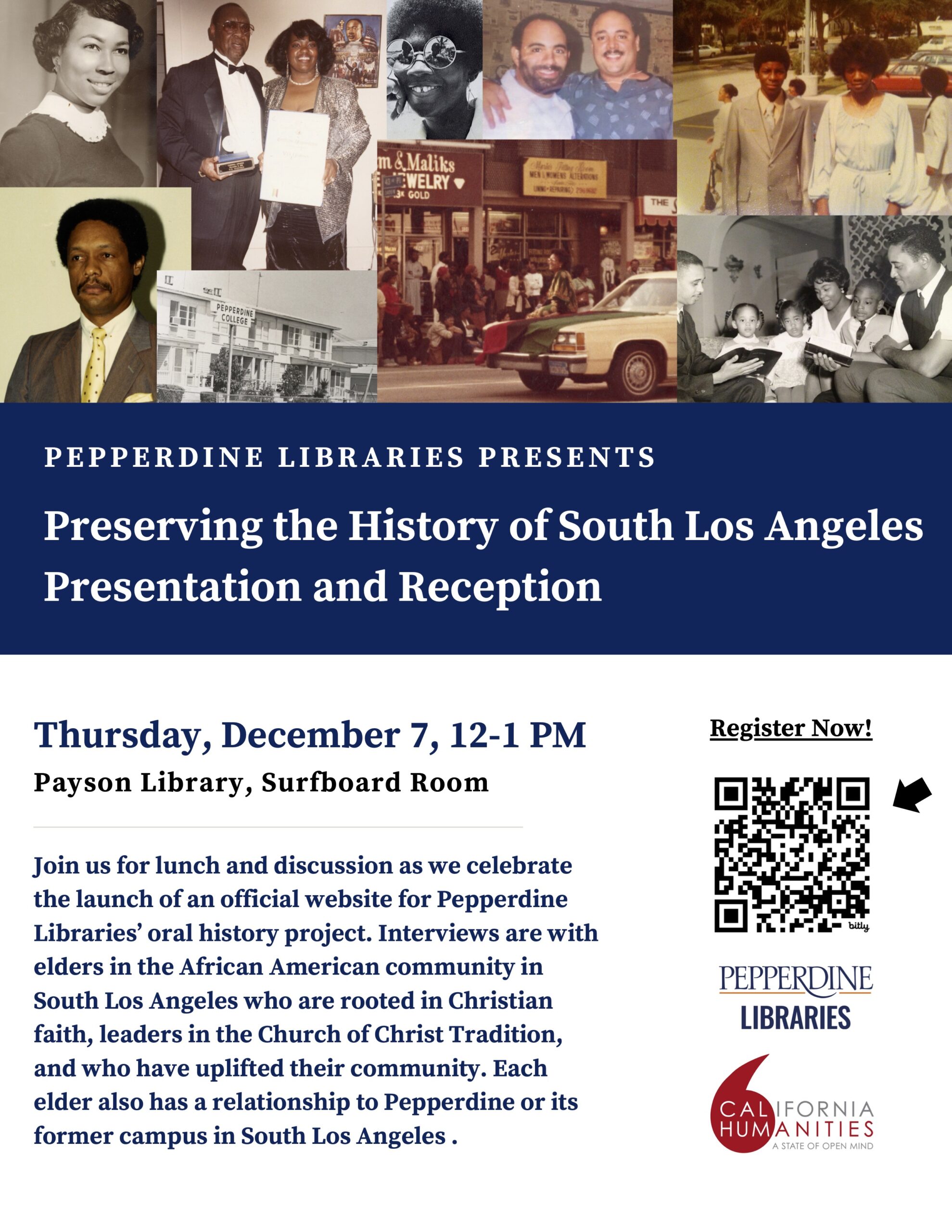 Flyer for opening of Presreving the History of South Los Angeles at Pepperdine Libraries, with collage of family photos along the top.