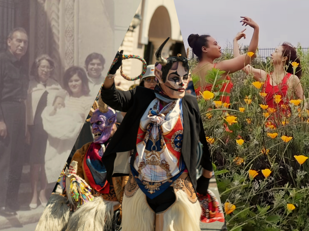 Collage of three Quick Grant projects, featuring an archival photo of a family, person wearing a Danza de Diablos mask, and two dancers in a field
