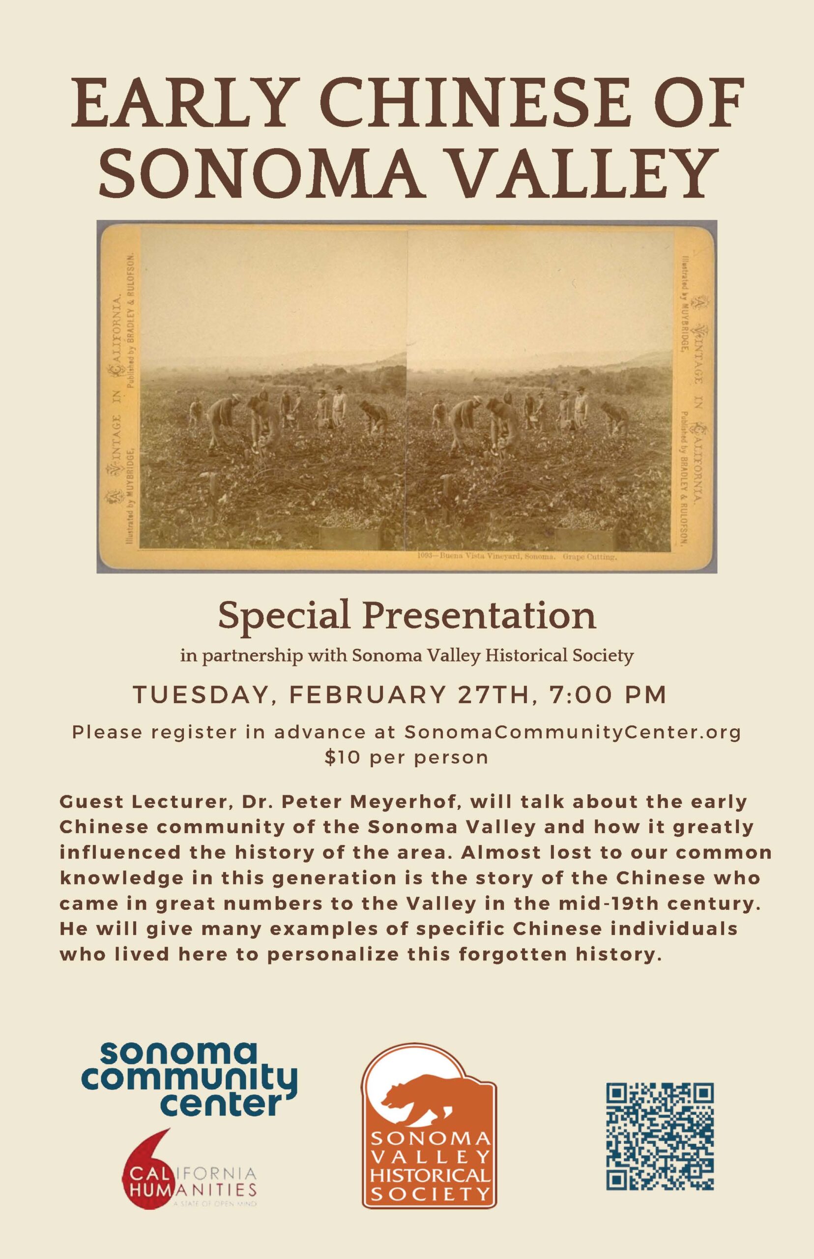 Early Chinese of Sonoma Valley, program flyer with daguerreotype of person working in a field.