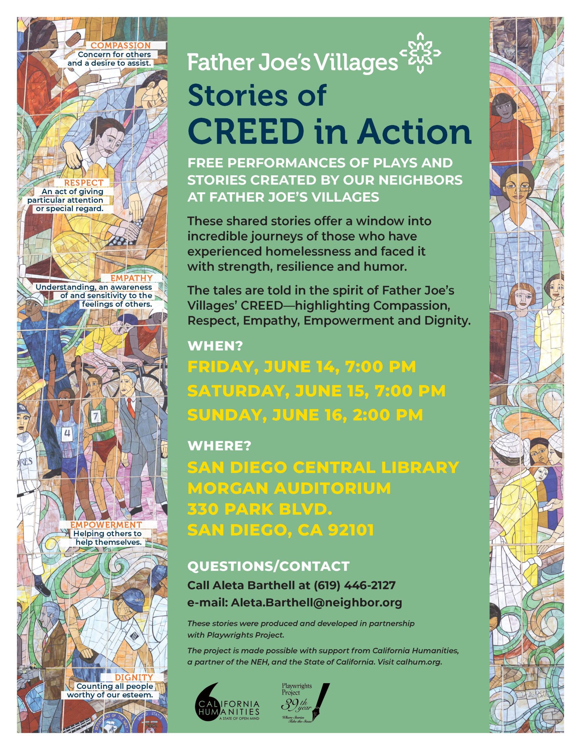 Flyer for Stories of CREED in Action, with Father Joe's Villages logo at the top