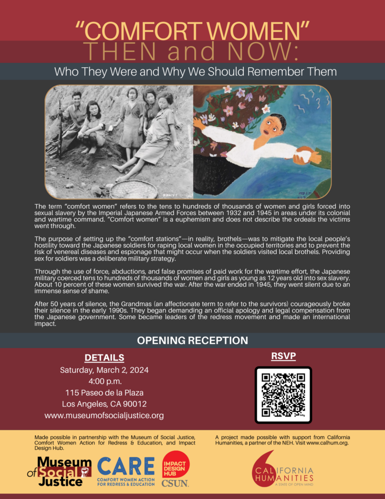 Flyer for Comfort Women Then and Now. Text on history of comfort women, with supporter logos.
