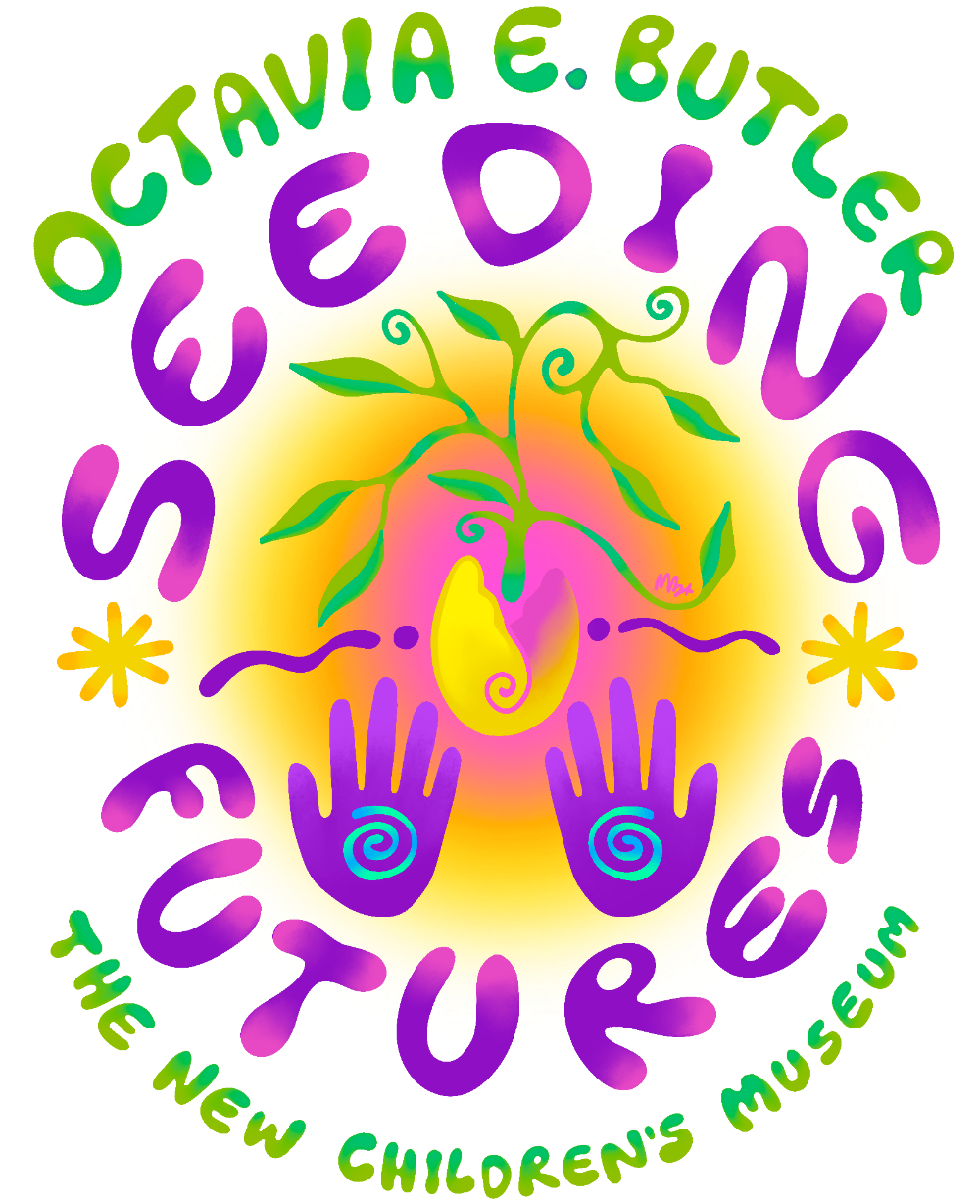 Octavia Butler Seeding Futures logo in purple and green text, with graphic of a yellow shell sprouting a green plant