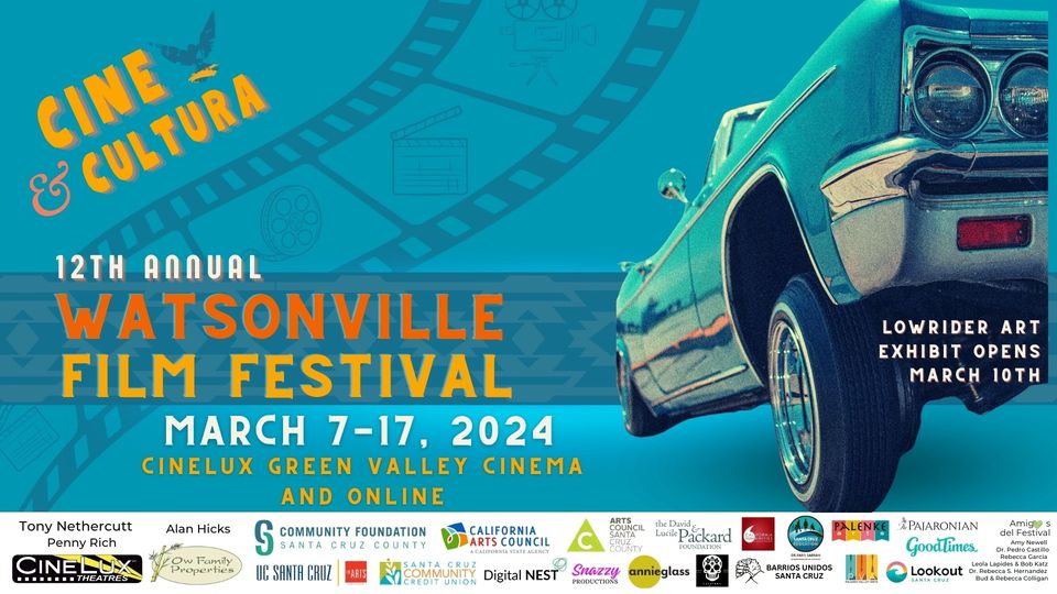 Promo graphic for the Watsonville Film Festival, with cutout of a teal lowerider car and several supporter logos