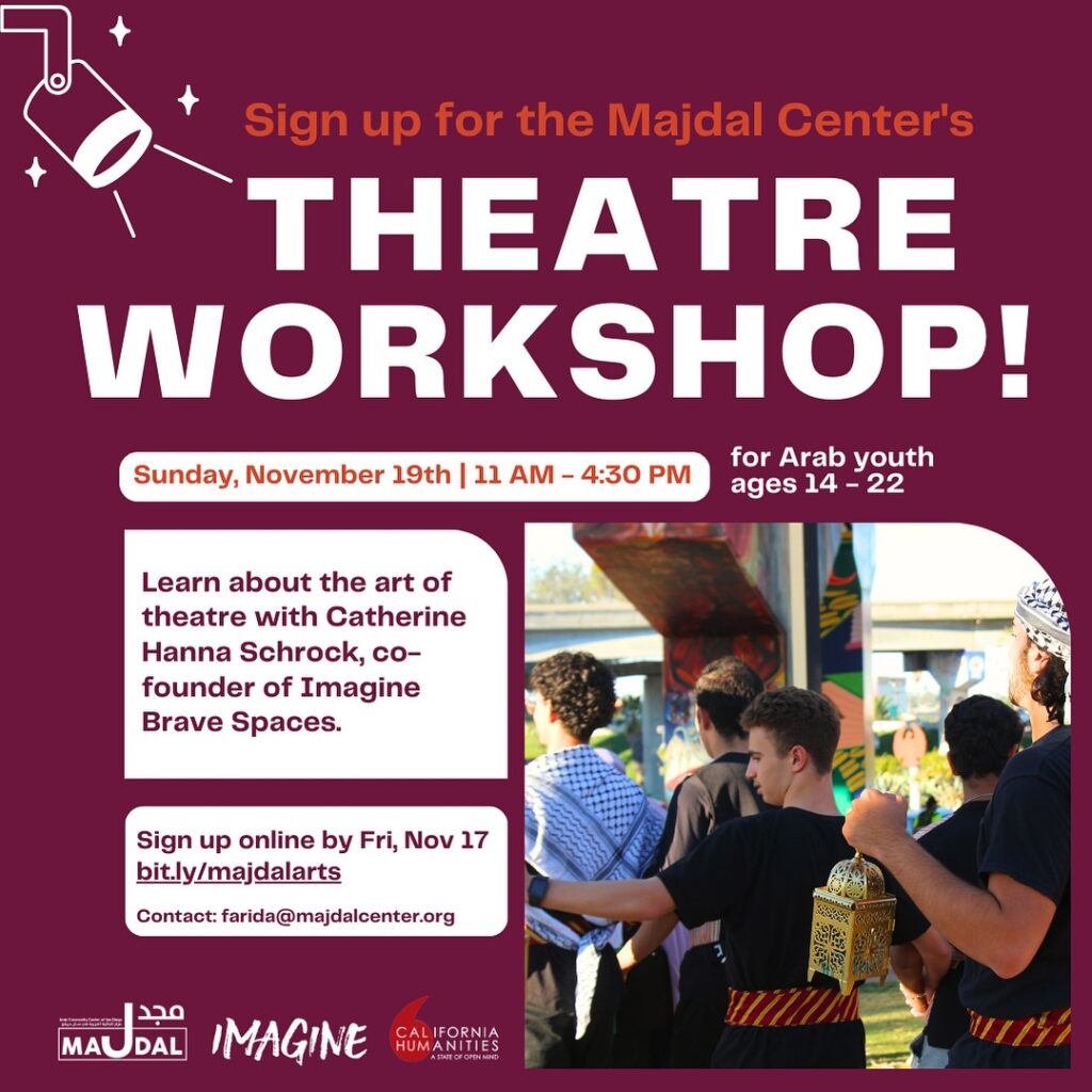 Theatre Workshop! promo graphic with Majdal Center and California Humanities logo, on purple background