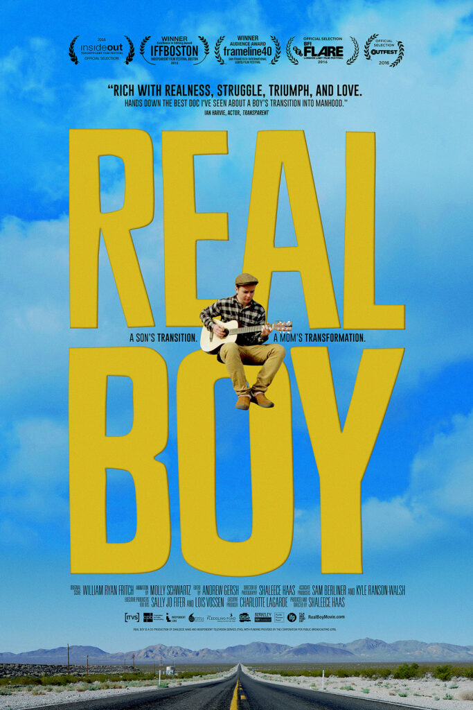 Film poster for the film Real Boy, with title in all caps in yellow with man playing white electric guitar sitting on the "O" letter.