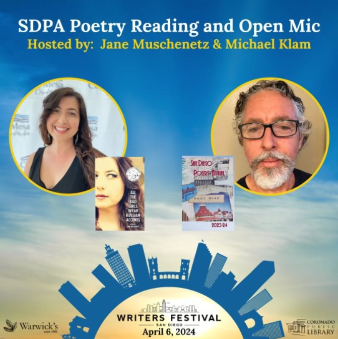 SD Poetry Annual Reading and Open Mic flyer showing two author headshots with their bookcovers against a blue sky
