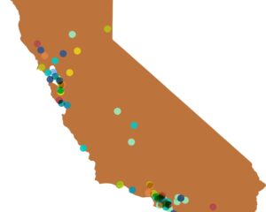 Graphic of orange outline of state of California with color dots on select cities
