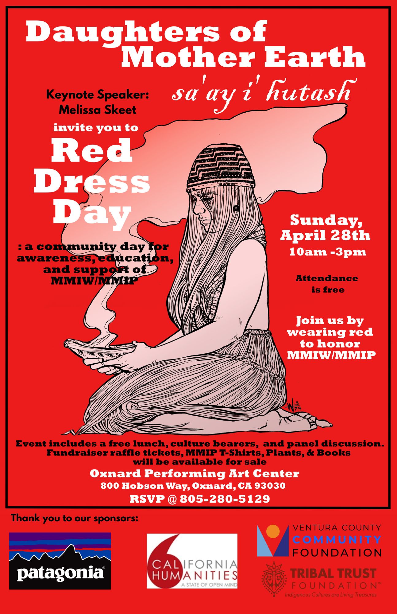 Poster showing a graphic of woman kneeling on the ground with smoke coming from a vessel in her hands. Promotion for Red Dress Day event