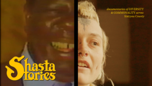 Promotional graphic with photographs of a Black man and a white woman, text "Shasta Stories" overlaid in yellow script.