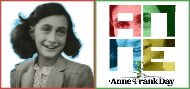 Portrait of Anne Frank smiling next to logo of Anne Frank LA.