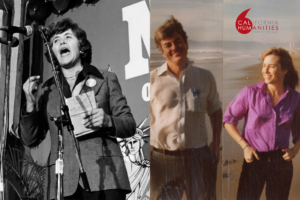 Collage with two film stills: black and white photo of a woman speaking emphatically on stage, and Color photograph of a man and woman on the beach.