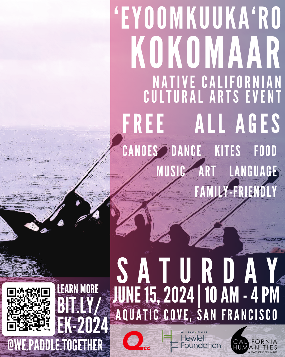 Flyer for Eyoomkuuka-ro Kokomaar / We Paddle Together, Free for All Ages. Image of people paddling in a long canoe in the background with date Saturday, June 15