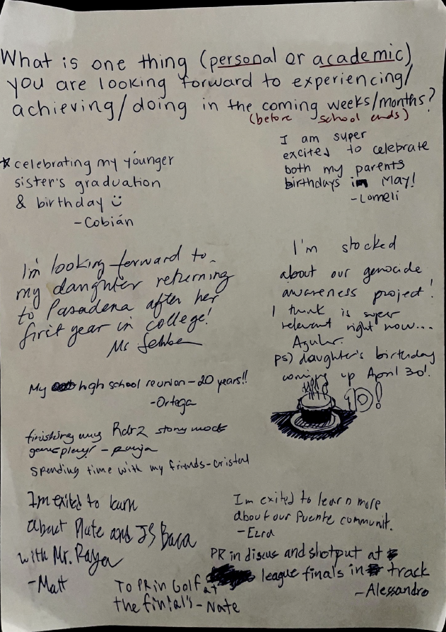 student reflections written on a piece of paper