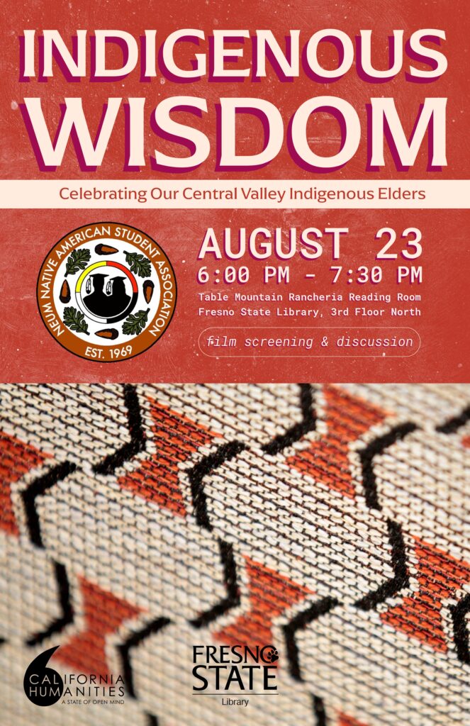 Indigenous Wisdom flyer with date of August 23 and red and black pattern across the bottom half