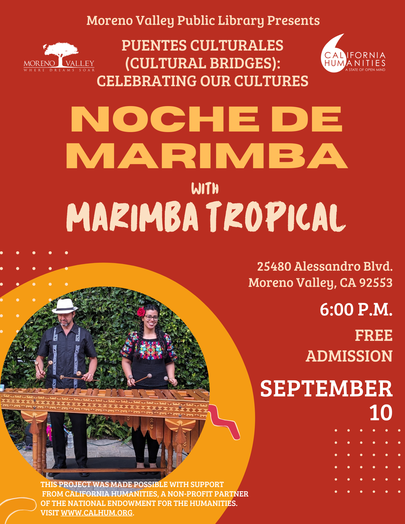 Flyer for Noche de Marimba in reds and oranges