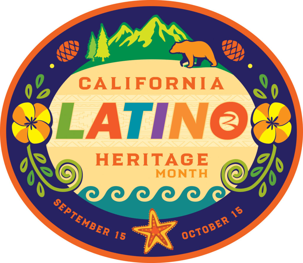 California Latino Heritage Month logo with colorful images of mountains, poppies, a star, ocean waves