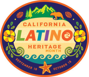 California Latino Heritage Month logo with colorful images of mountains, poppies, a star, ocean waves