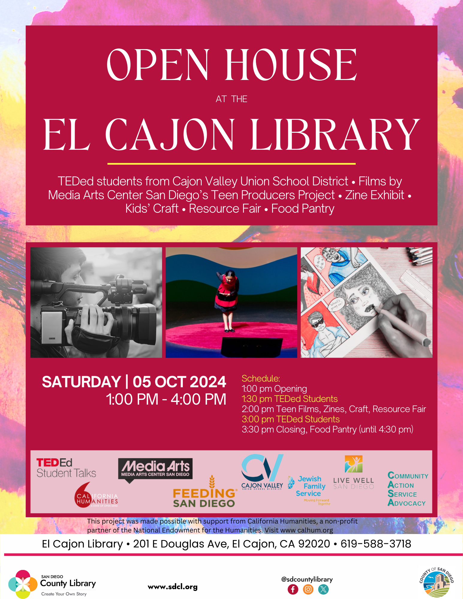 Fall Open House at El Cajon Library flyer featuring 3 photographs and partner logos