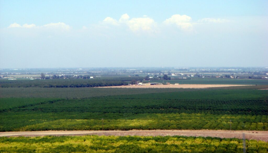 View of green farmlands in the Central Valley