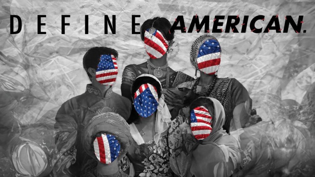 Graphic with text "Define American" with silhouettes of figures with faces covered by American flags