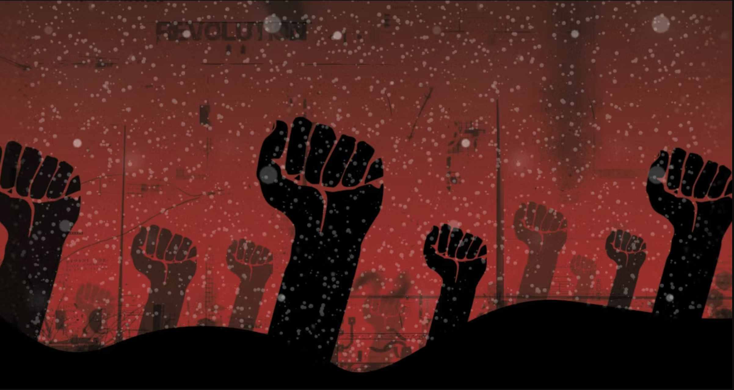 Promo graphic of around a dozen fists rising up toward the sky against a red background with snow.