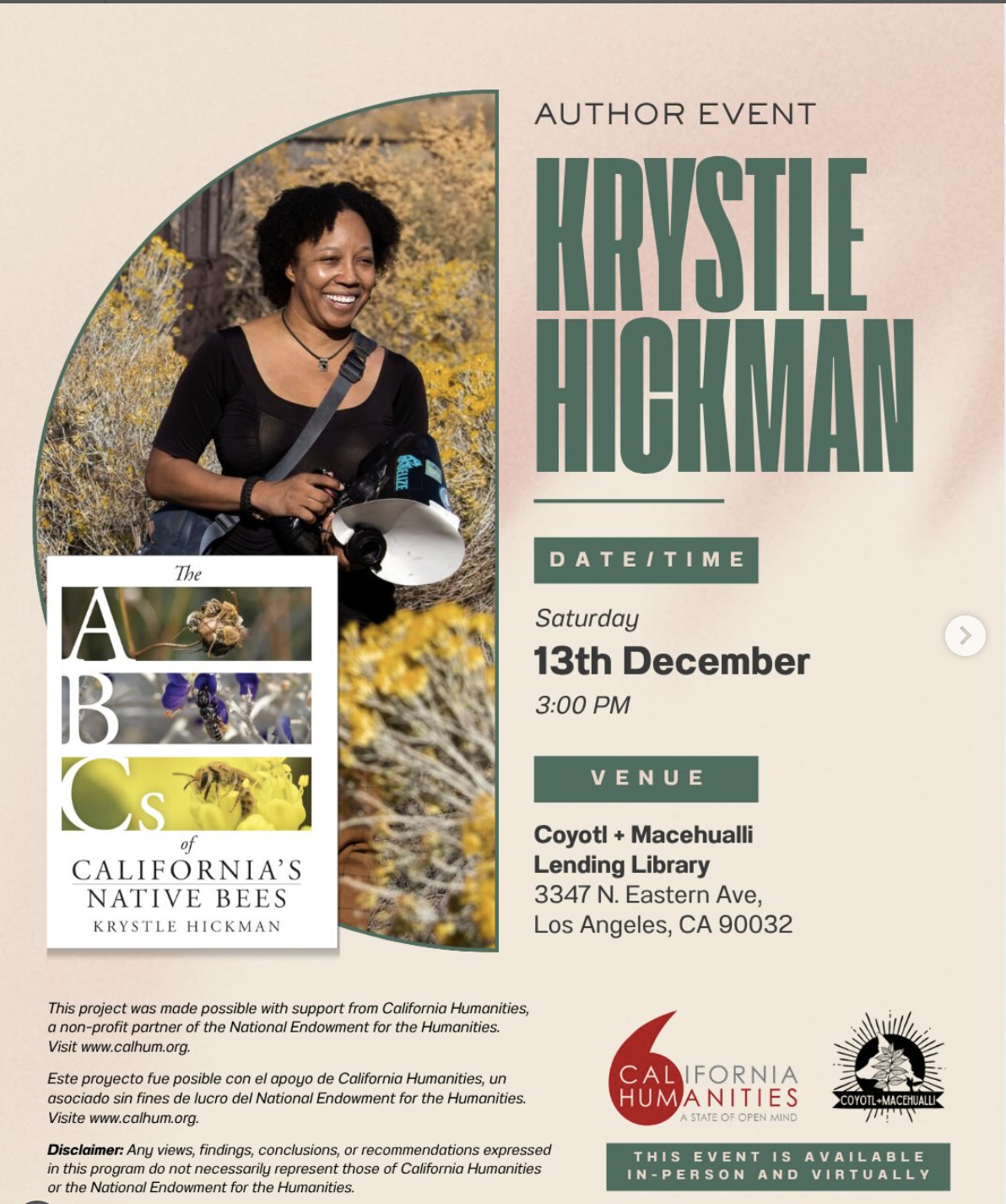 Join us at the Coyotl + Macehualli Lending Library on Saturday, December 13th at 3pm as we discuss Krystle Hickman's new book THE ABCs of CALIFORNIA'S NATIVE BEES. Author and native bee expert, Krystle Hickman @beesip will be in attendance! We will have free food and a limited number of free books to give away to the first group of folks to arrive.