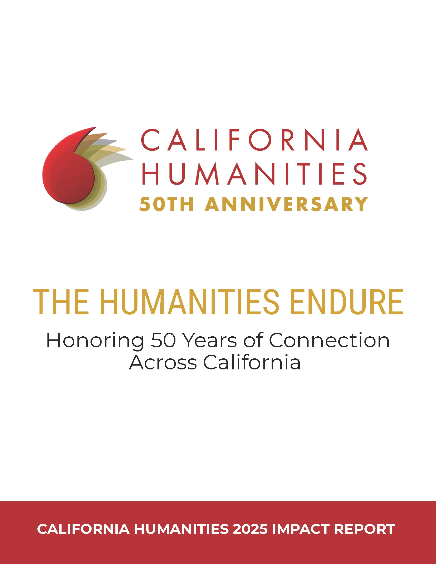Impact report page 1 view: Red banner with California Humanities logo and "Impact Report 2022" title text. A section for "Program Highlights" with summaries of grant programs, and impact numbers section.