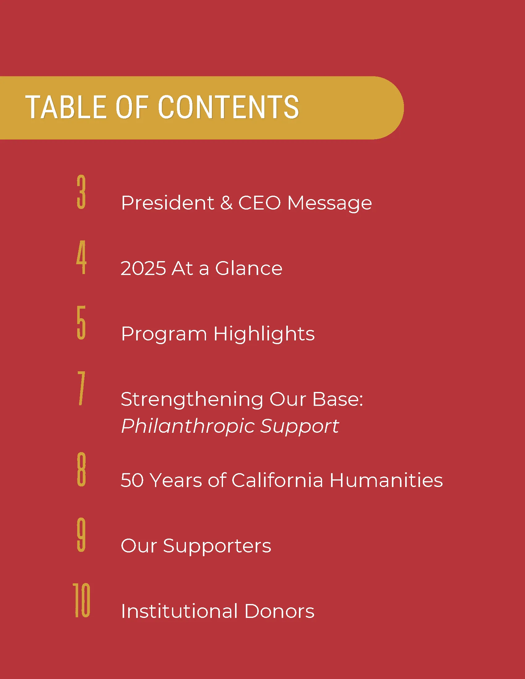 Page of impact report. Red banner across the top with words California Humanities |  Impact Report 2022, and "Happenings" section as well as image of California state outline with a photo of field of poppies.