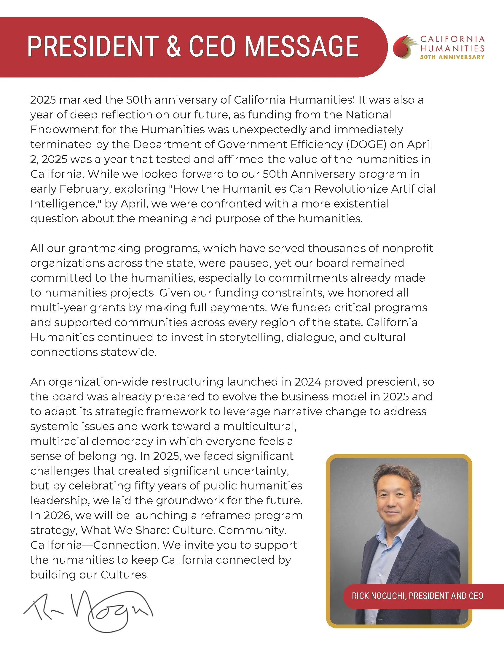 Impact report page 1 view: Red banner with California Humanities logo and "Impact Report 2022" title text. A section for "Program Highlights" with summaries of grant programs, and impact numbers section.