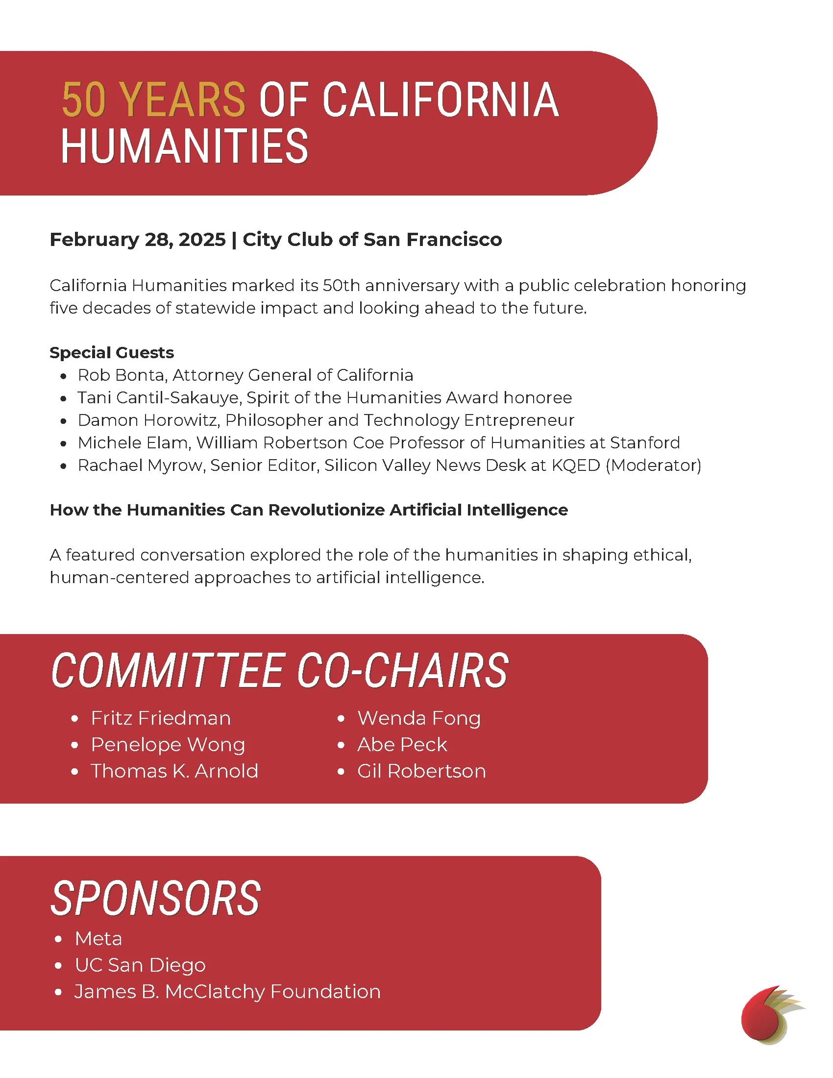 Impact report page 1 view: Red banner with California Humanities logo and "Impact Report 2022" title text. A section for "Program Highlights" with summaries of grant programs, and impact numbers section.