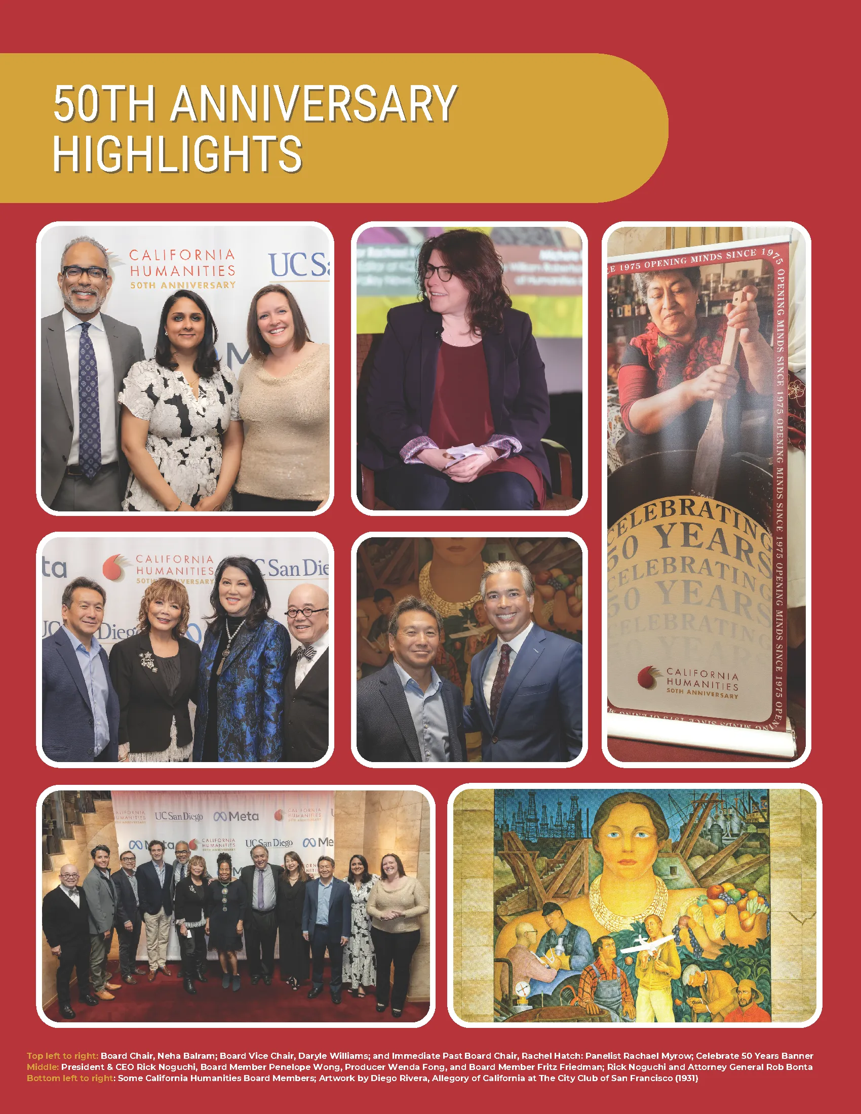 Impact report page 1 view: Red banner with California Humanities logo and "Impact Report 2022" title text. A section for "Program Highlights" with summaries of grant programs, and impact numbers section.