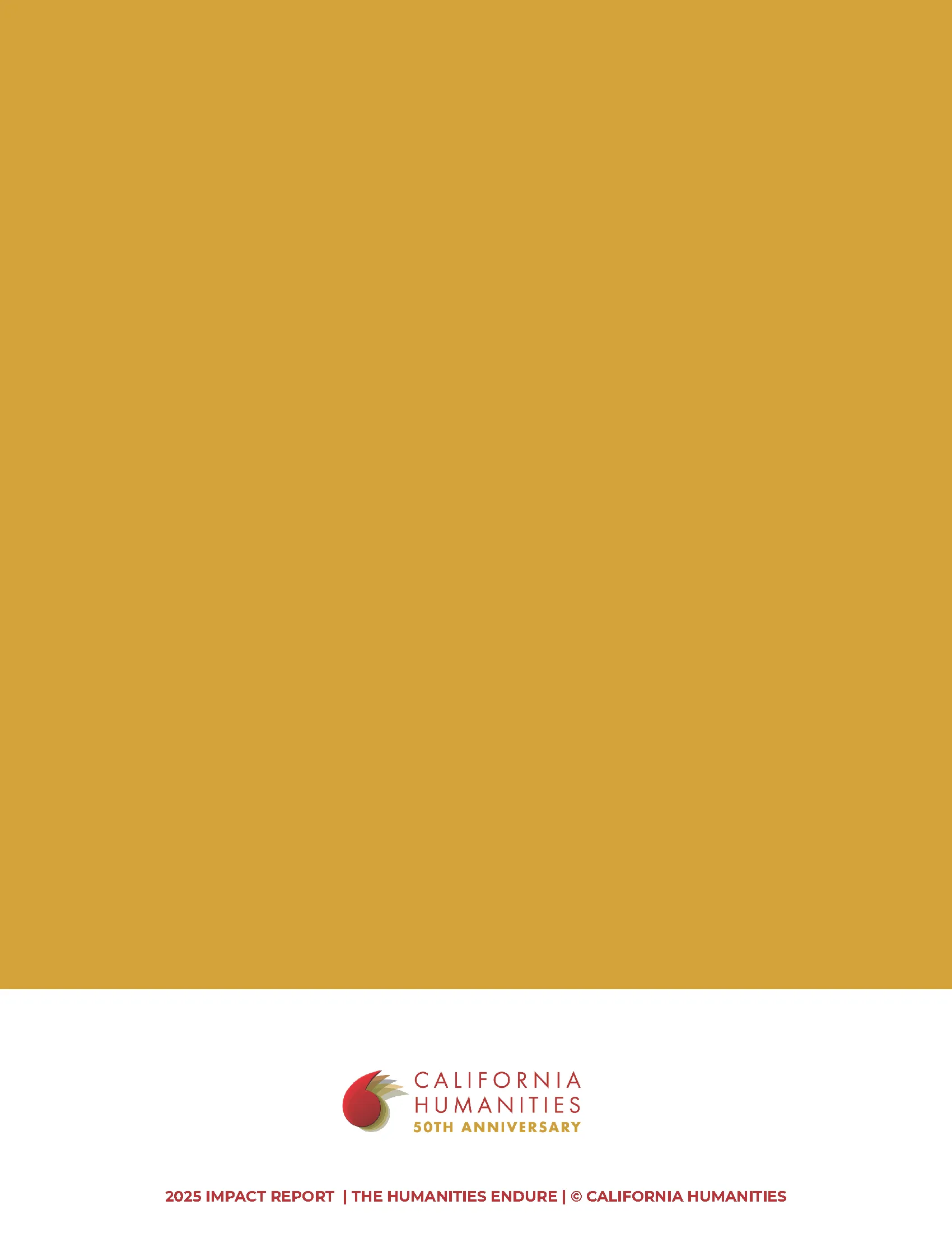 Impact report page 1 view: Red banner with California Humanities logo and "Impact Report 2022" title text. A section for "Program Highlights" with summaries of grant programs, and impact numbers section.